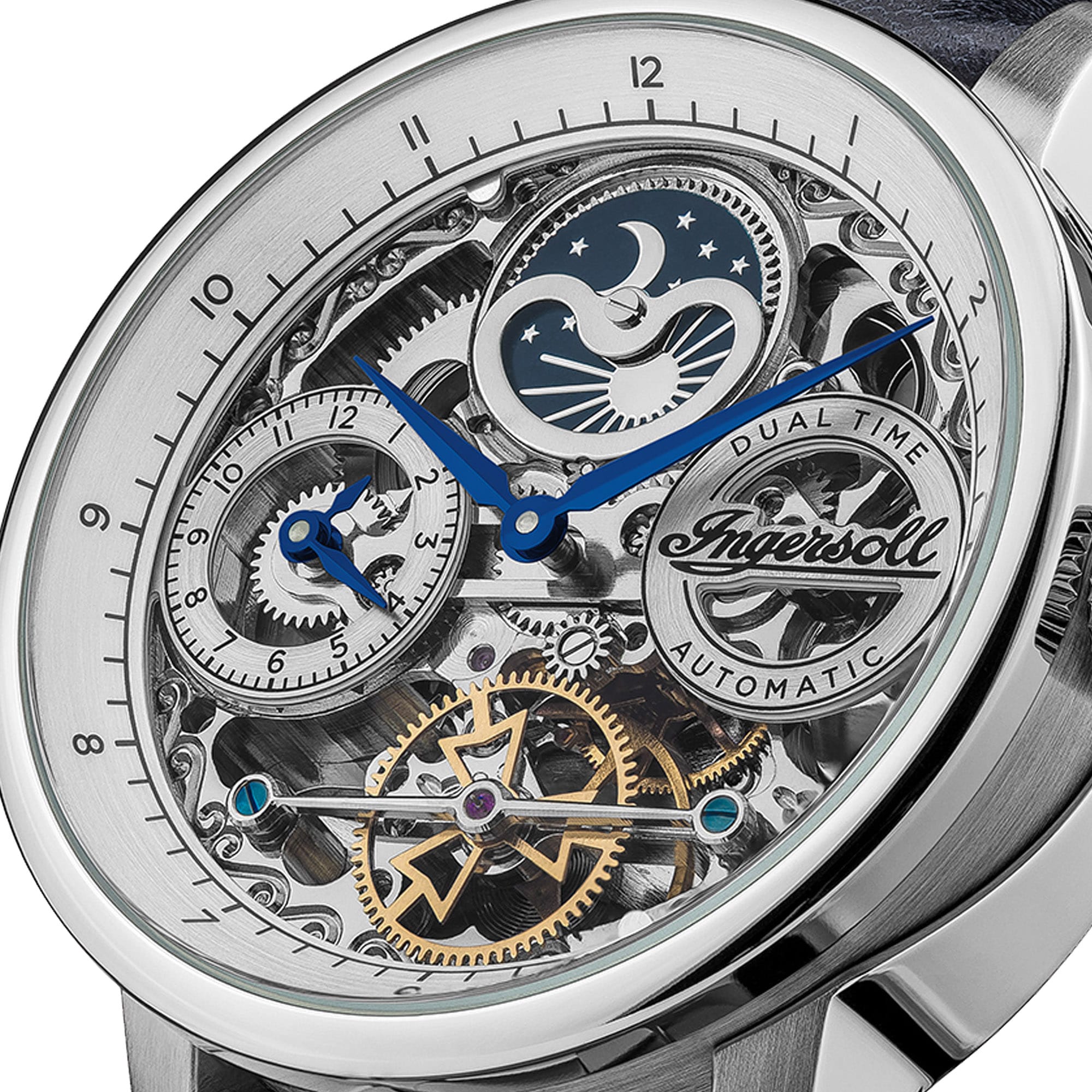 Automatikuhr INGERSOLL "The Jazz", blau, silberfarben, silberfarben, Armbanduhren, Herren, silberfarben, Automatikuhr, Armbanduhr, Herrenuhr, Mechanische Uhr, Lederarmband, analog, Dualzeit