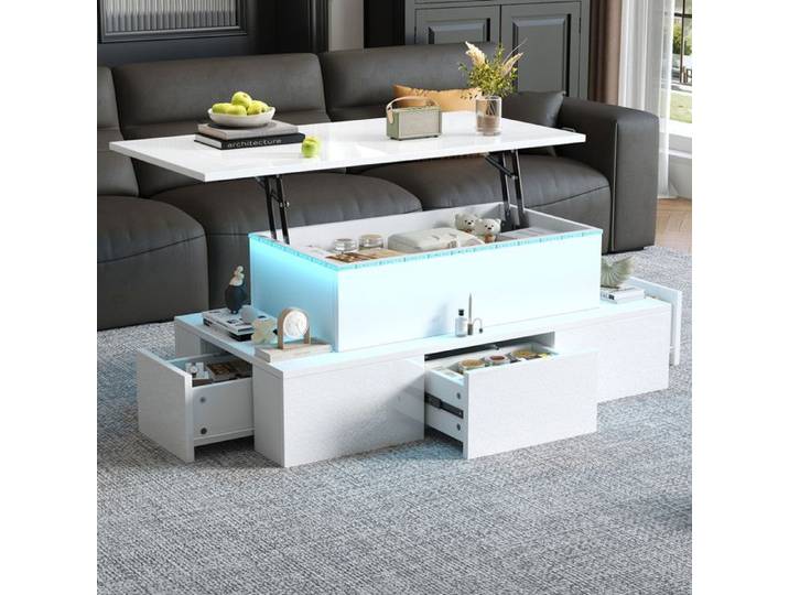 Table basse avec plateau relevable 100x50x40cm Table basse moderne avec 4 tiroirs et lumière LED Espace de rangement caché