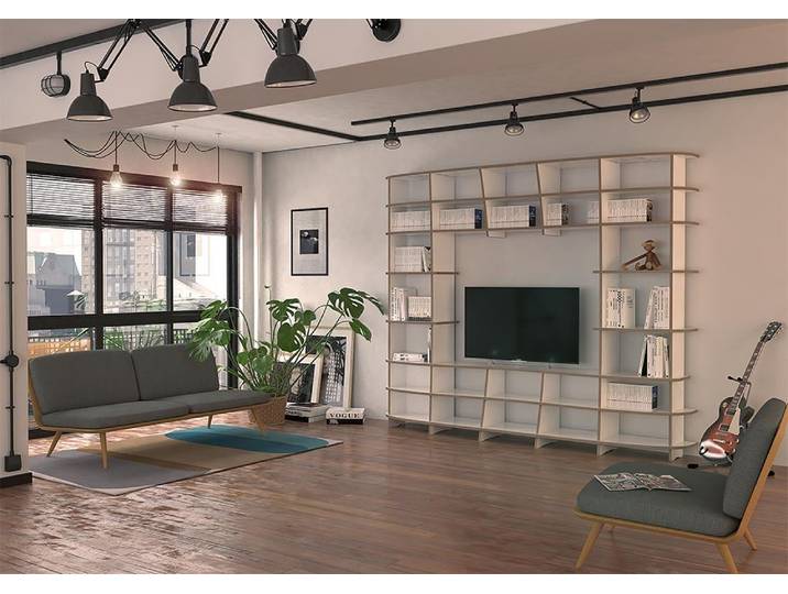 Konfigurierbare TV-Wohnwand Regalwand - Weiß MDF - 247x200x38 cm