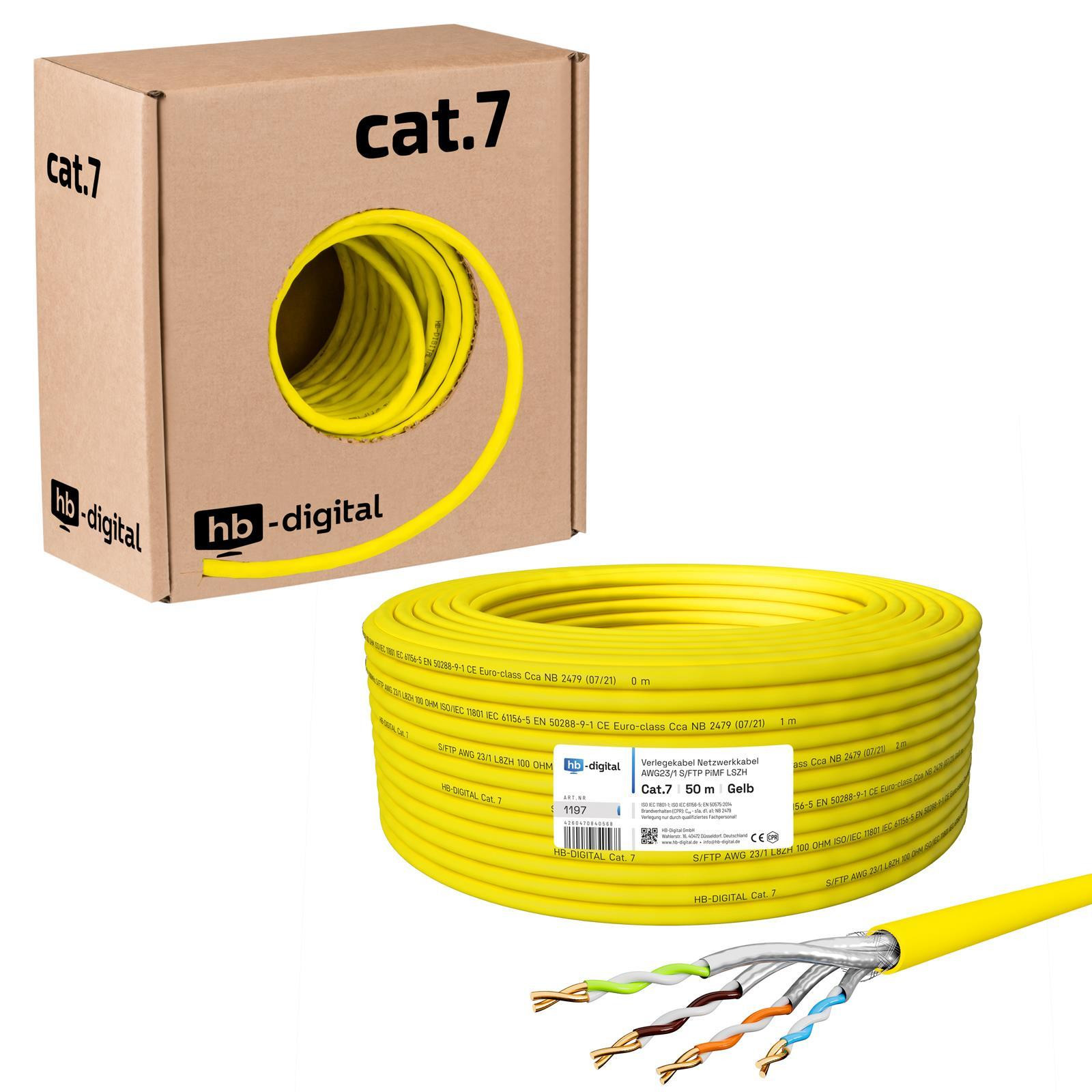 HB-Digital Netwerkkabel CAT.7 Installatiekabel AWG23 Geel 50 meter