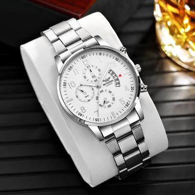Friendly Fresh Finds Mens Luxury Steel Belt Watch Fashion Business Calendar Watch, Ideal Christmas & Valentine's Day Gift silver White