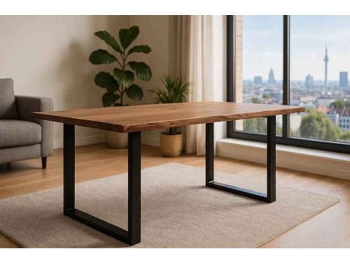 SAM Esstisch Laurina 220x100 cm Akazie Stone Baumkante U-Gestell schwarz Baumkantentisch massiv, Akazienholz stonefarben, Metallgestell, Esszimmertisch