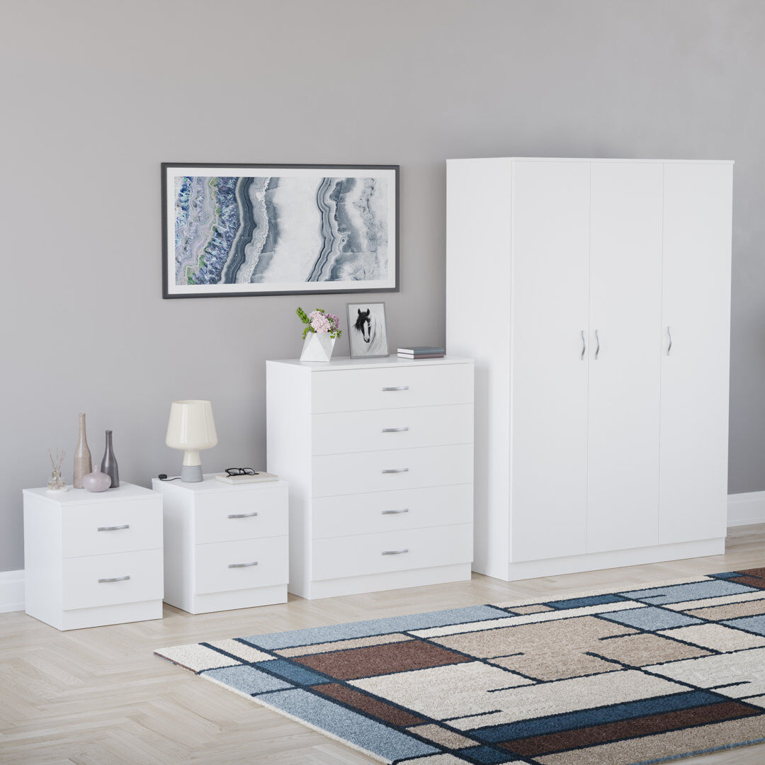 17 Stories Tayce 4 Piece Bedroom Set (2 Drawer Bedside Chest X2, 5 Drawer Chest, 3 Door Wardrobe) White