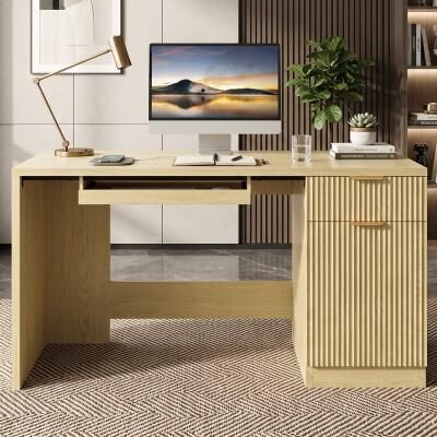 "BOSSIN 55"" Wood Computer Desk with Drawers & Cabinet, with Storage Cabinet for Home Office, with Pull Out Keyboard Tray"
