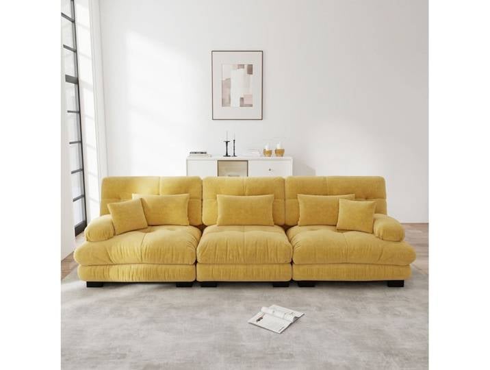 MEUVYX Canapé d'Angle Modulable 3 Places Convertible avec Assise Profonde et Coussins en Chenille Jaune