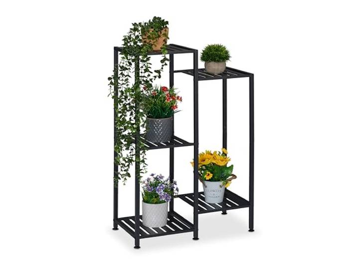 Relaxdays plantenrek metaal, 5 plateaus, binnen, woonkamer, plantentrap, plantenstandaard, HBD: 81x55x28,5 cm, zwart