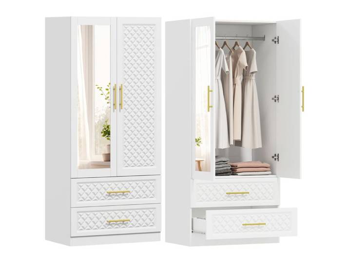 Montage facile : armoire chambre avec miroir 2 tiroirs 2 portes et barre de suspension