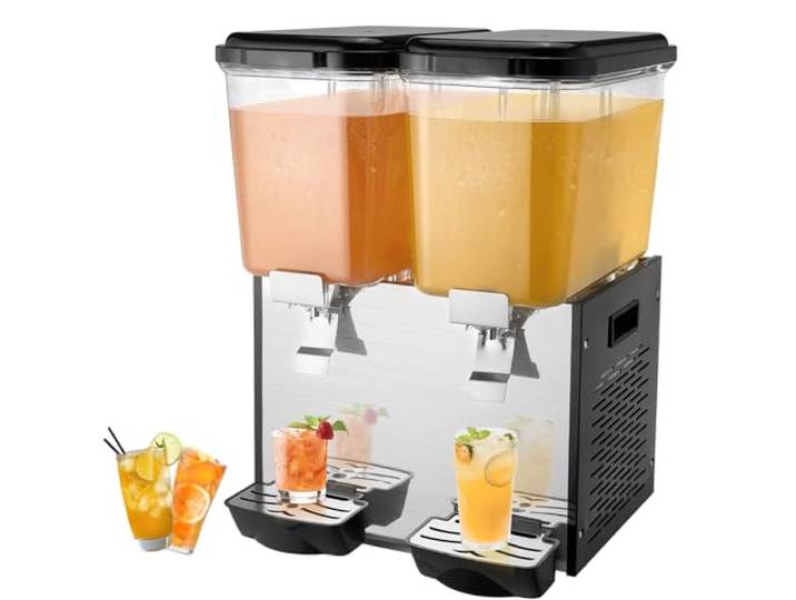 VEVOR kommerzieller Getränkespender mit 2 Tanks, Saftspender 18 L (pro Tank), 370 W Edelstahl Eistee-Getränkeautomat mit 7–12 °C Kühltemperatur, für Kaltgetränke Restaurant Bar Party Buffet Catering