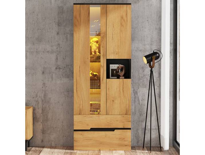 Vitrine en verre avec éclairage LED 70×35×180cm armoire de rangement avec 3 portes et 2 tiroirs bibliothèque pour salon bois-noir