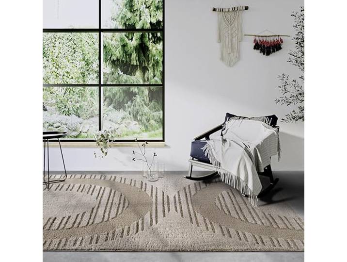 Elle Decoration Hochflor Teppich Bartoux – Moderner Wohnzimmerteppich, Langflor Shaggy, Modernes Muster, Flauschig Weich Boho für Wohnzimmer, Schlafzimmer – Beige, 120x170cm