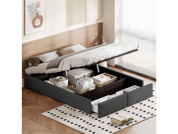 Lit coffre - Lit coffre adulte 140x200 cm - Rangement hydraulique - Avec deux tiroirs de rangement - Sommier inclus - lin - Gris