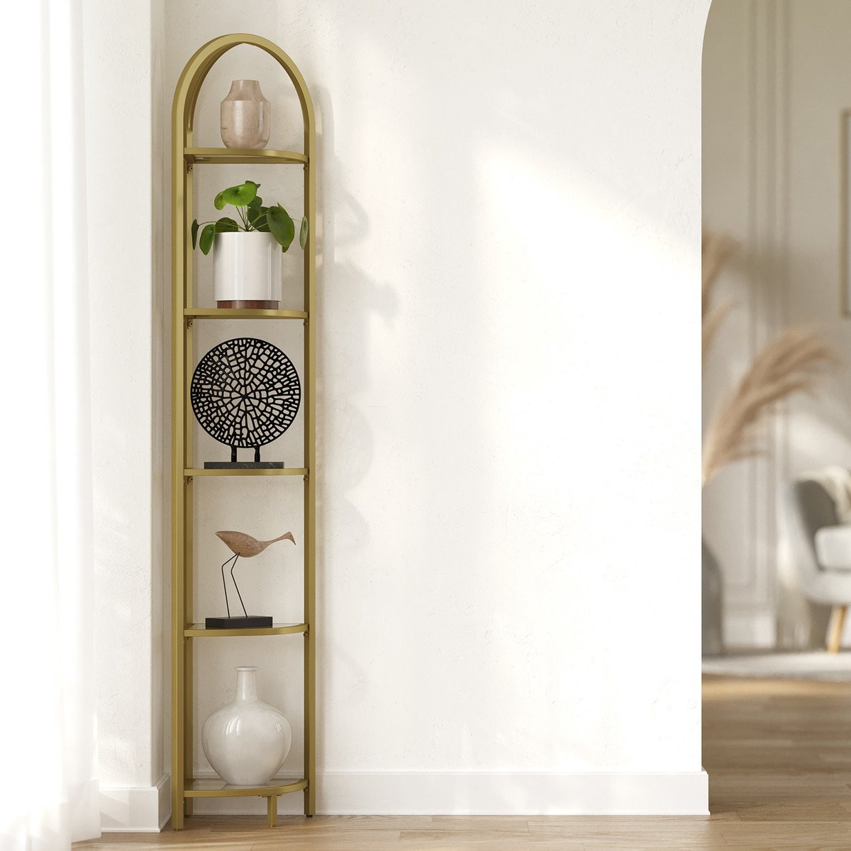 MAZAZU Hoekplank met 5 glasverdiepingen - Goud