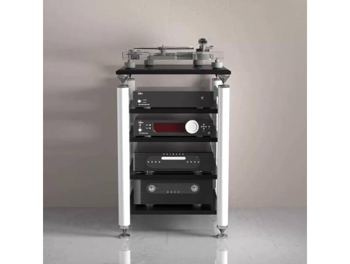 Modulares HIFI‑Audio‑Rack – Verstellbare Ablagen, Plattenspielerständer Mehrstöckiges Audio‑Regal, vielfältige Farben, schwingungsdämpfendes Design(White+Black,4‑Tier)