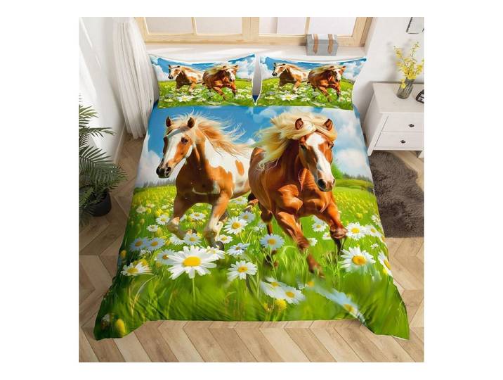 LuxusKollektion Jugendbettwäsche Bettwäsche Set 200x200 Gras Pferde Gänseblümchen