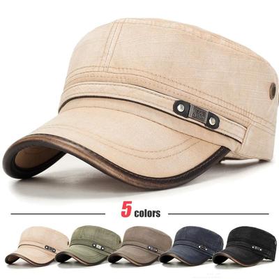 Distressed Washed Cotton Cadet Flat Cap With Leather Binding blue