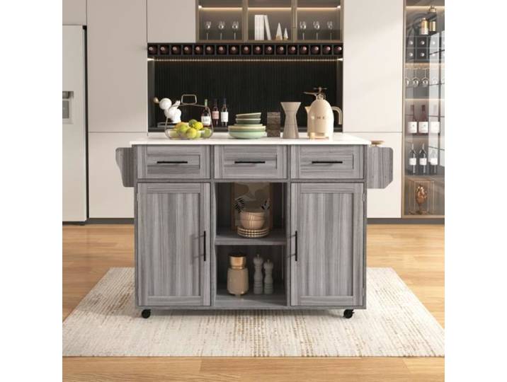 Desserte de cuisine - Style Industriel - Placage marbre blanc - Pieds bois massif remplaçables - Îlot pliable