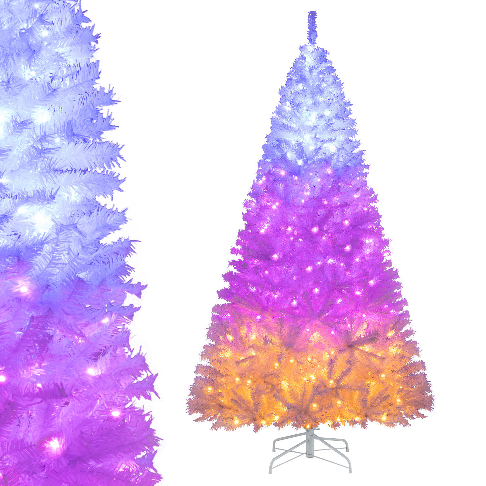 Costway Kunstmatige Kerstboom met Driekleurige LED-verlichting, 225 cm
