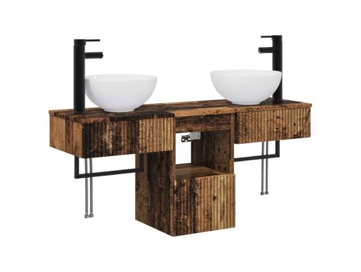 PUGYNBK 3-teiliges Badmöbel-Set aus Altholz Doppelwaschbecken, geräumiger Schrank, feuchtigkeitsbeständig, einfache Montage