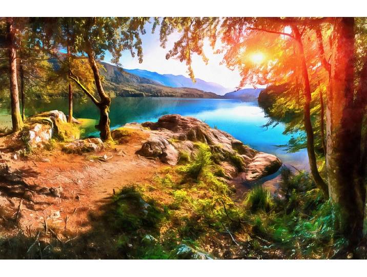 Fototapete PAPERMOON Bergsee Malerei , bunt, B:2,5m L:1,86m, Vlies, Tapeten, Fototapete