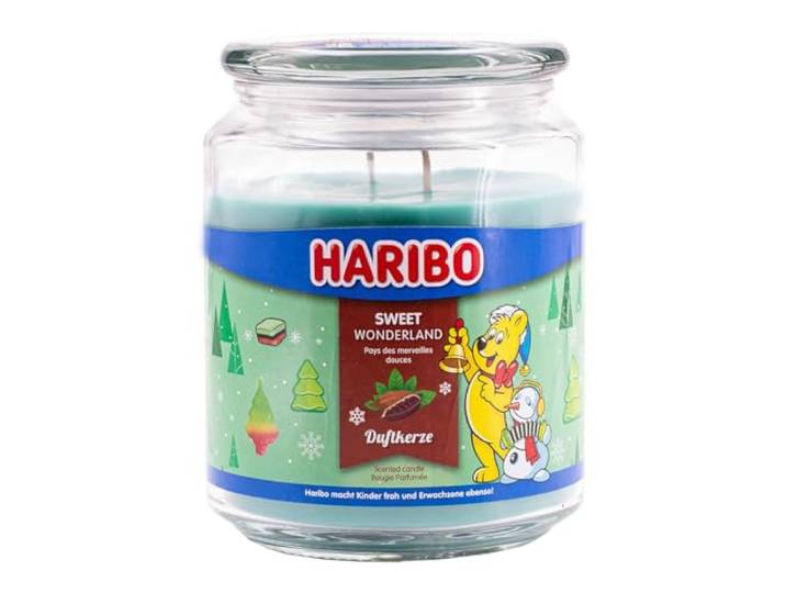 HARIBO Bougie Parfumée Sweet Wonderland - Verre avec Couvercle - Senteur Cacao\, Menthe\, Vanille - Longue Durée de Combustion (100 h) - Verte - Grande (510 g)