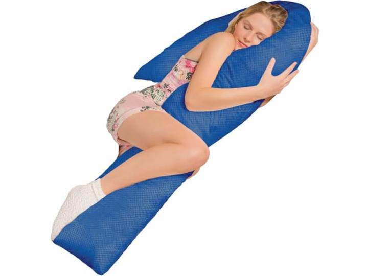 Traumreiter Seitenschläferkissen Visco J mit Bezug Marine Blau. Hybrid Kissen + 1cm Memory Foam. J Form Schwangerschaftskissen Gel Body Pillow Komfortkissen Erwachsene Ergonomie Zertifiziert