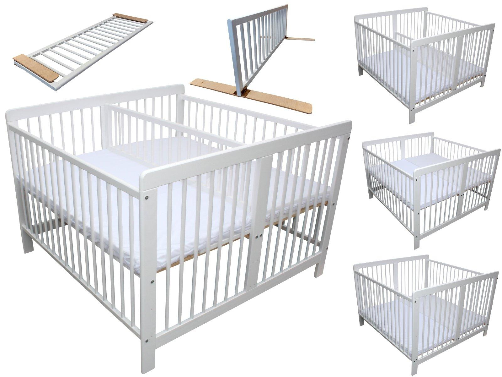 Zwillingsbett Kinderbett für Zwillinge 2in1 massiv weiss mit 2 Matratzen 120x120cm und Trenngitter