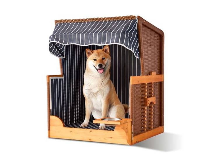 Relaxdays Fauteuil de Plage pour Chien en rotin\, avec gamelle et Toit\, 95x75x65 cm\, Bois\, Bleu foncé