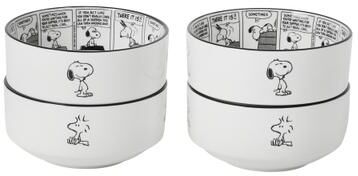 Peanuts Snoopy Cereal Bowls Set of 4, 4.5-Inch Porcelain, Comic Strip Design with Snoopy & Woodstock, Black and White