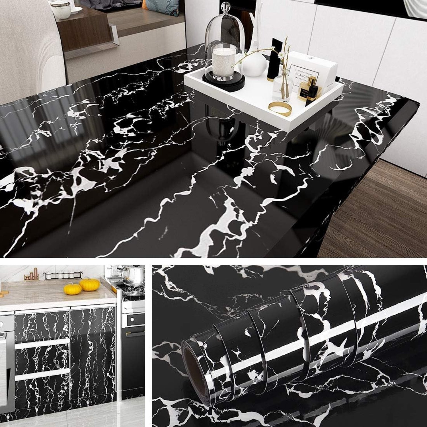 Zelfklevend Zwart Marmer Contactpapier - Waterdicht Vinyl voor Keuken, Badkamer en Meubels - 40 cm x 2 m