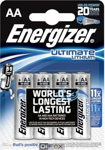 Energizer Batterie Lithium, Mignon, AA, FR06, 1.5V Ultimate Lithium, Retail Blister (4-Pack)