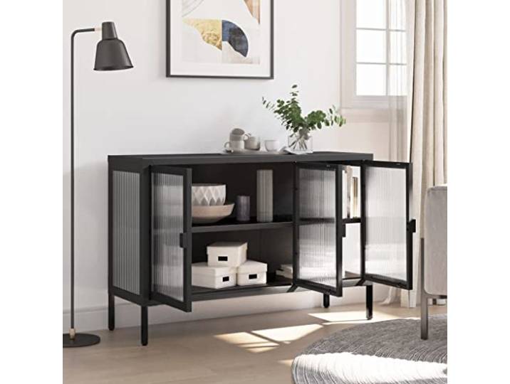 KTHLBRH Sideboard schwarz 105x35x70 cm Glas geriffelt Stahl Verstellbare Einlegeböden, Bodenausgleicher, großer Stauraum, Montage erforderlich
