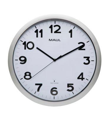 Funk Wanduhr Maul MAULstep, silber, für Innen, schwarze arabische Ziffern, Auto-Zeitumstellung, rund, Ø 350 mm, Kunststoff & Glas, mit Batterie
