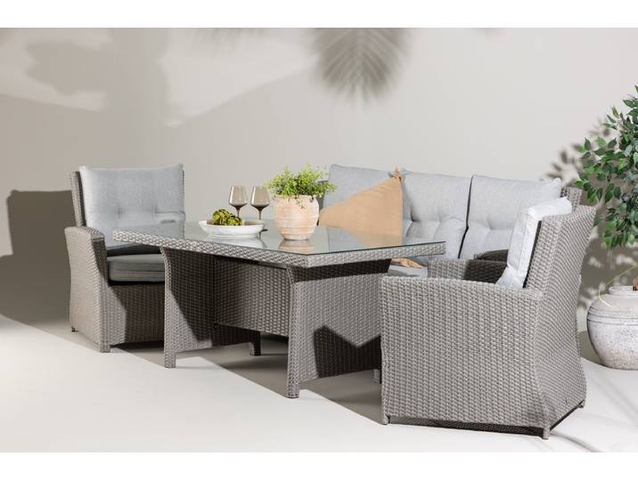 Garten Loungeset Henry – mit Glasplatte & Sitzkissen - Grau - Luxusbetten24
