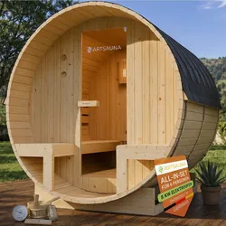 Artsauna Fasssauna Spitzbergen 220 mit zwei Bänken - 6 Personen, 8 kW Ofen, Zubehör - Fichtenholz Sauna