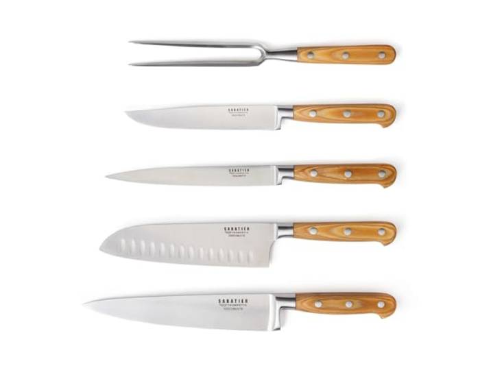 SABATIER TROMPETTE Essentiel set 5 couteaux de cuisine\, manche bois pakka Santoku\, chef\, filet\, couteau et fourchette à découper\, acier inox MoV\, manche bois de pakka riveté