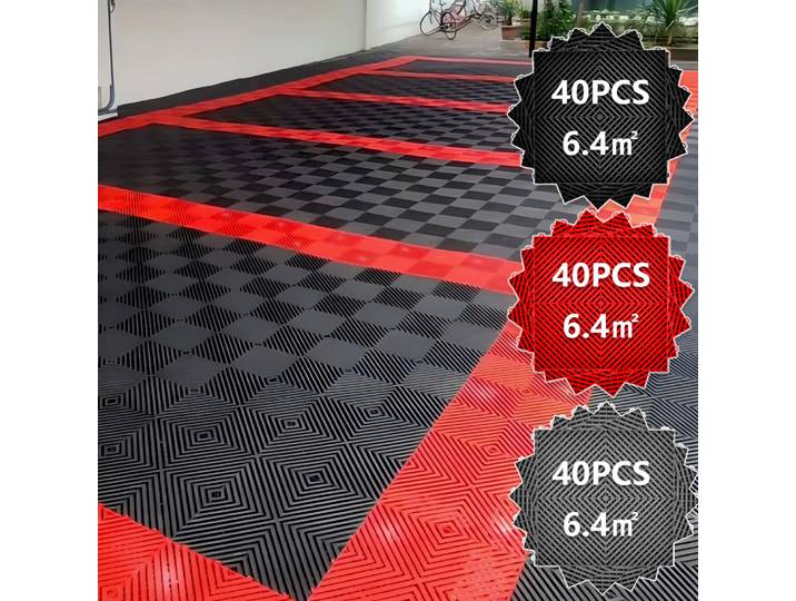 40 dalles de sol de garage 40*40*1,8 cm noires et rouges, dalles de sol de garage emboîtables, dalles de grille en PVC pour salle de lavage de voitures