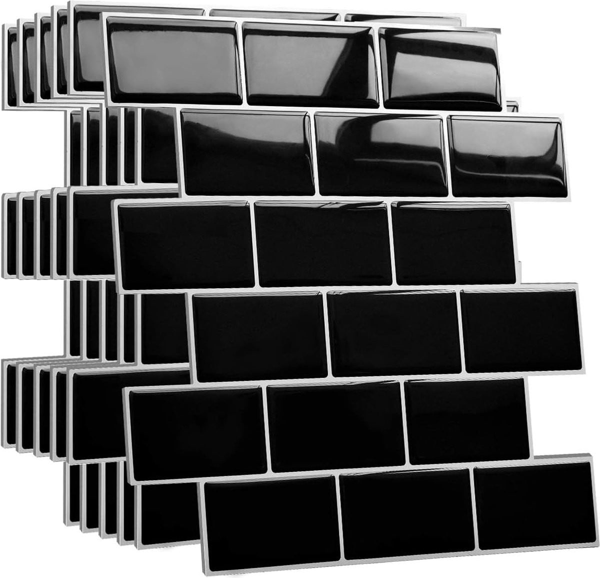 Zelfklevende 3D-tegelstickers met metrotegel-look, zwart PVC, set van 10 stuks