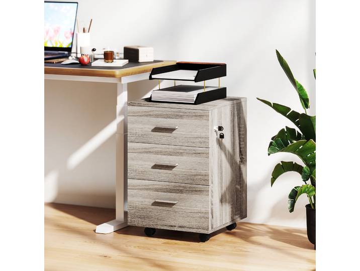 Vinsetto Caisson Bureau 3 Tiroirs Serrure Roulettes Gris
