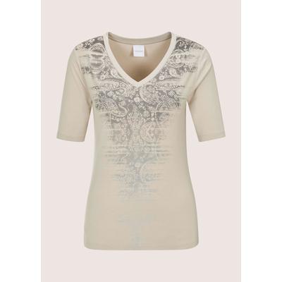 Kurzarmshirt MADELEINE "Shirt Printshirt mit Strass", Damen, Gr. 36, perlweiß, grau, silberfarben, Obermaterial: 95% Viskose CV. 5% Elasthan EL., Modern, gerade, V-Ausschnitt, Shirts, Strass-Applikationen
