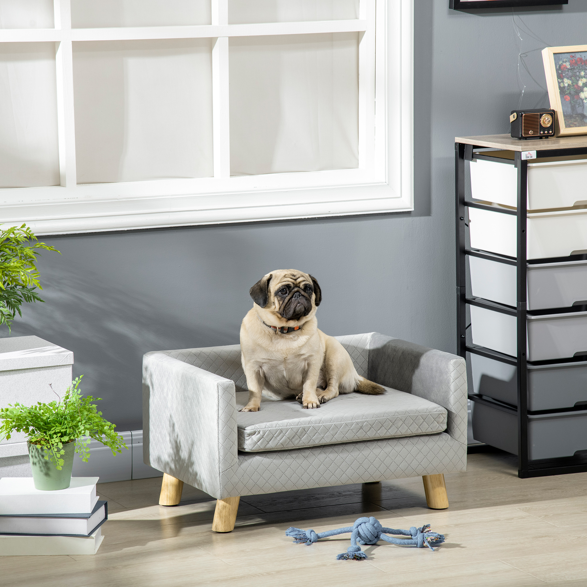 Pawhut Divanetto per Cani e Gatti Stile Scandinavo con Cuscino Imbottito in Velluto e Legno, 64x45x36cm, Grigio