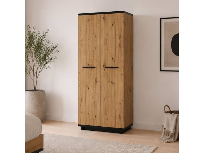 Lomadox Kleiderschrank ISOLA-132 90 cm breit, Eiche & schwarz, 2 Kleiderstangen & 6 Fächer