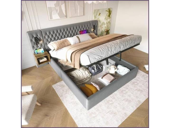Bettanlage Schlafzimmer Komplett Set - Hydraulisch Stauraumbett 160x200 cm + 2 Nachttischen Leselicht USB - Grau Samt