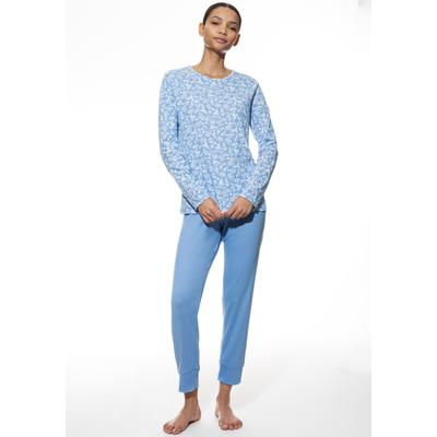 Schlafanzug MEY "FLOWER MEADOW", Damen, Gr. 40, blau (blau silk), Single Jersey, Obermaterial: 100% Baumwolle, bequem 7/8-Länge, Rundhals, Homewear-Sets Schlafanzug, Baumwolle, floral, bequem, klassisch, Rundhals-Ausschnitt