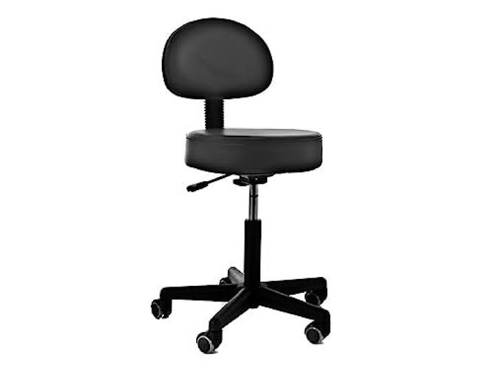 QUIRUMED Hocker mit Rückenlehne, Gaslift, mit 5 Rädern, Schwarze Farbe, hochdichte Kunstlederpolsterung, höhenverstellbar, bis zu 135 kg, Schwarz