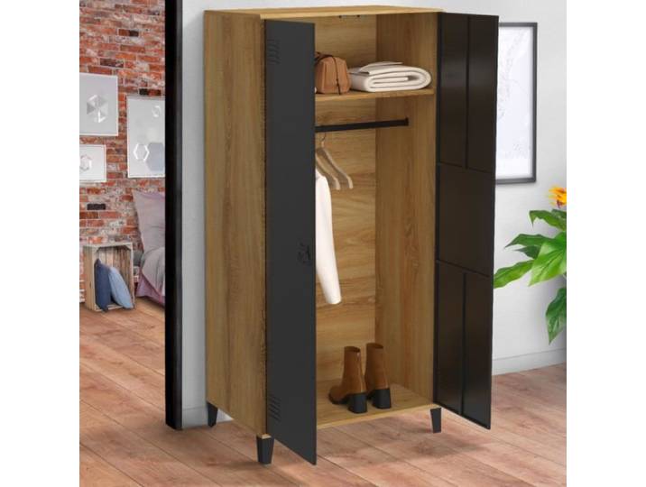 IDMARKET Armoire vestiaire penderie ESTER 2 portes métal noir et contour bois design industriel