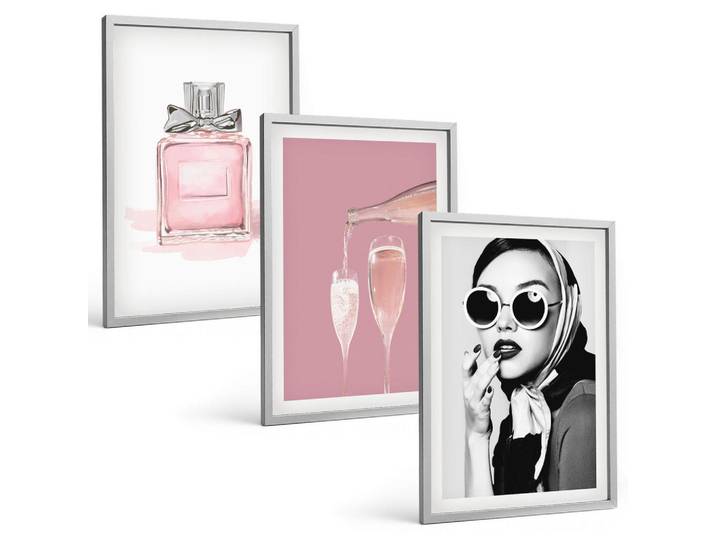 Tulup Bilder SET 3er Set - 40x60 cm Silberner Rahmen - Stilvolle pinkfarbene Accessoires, Silberfarben, Kunststoff, Rechteckig, 40x60 cm, Fotografie, Bilder & Rahmen, Bilder