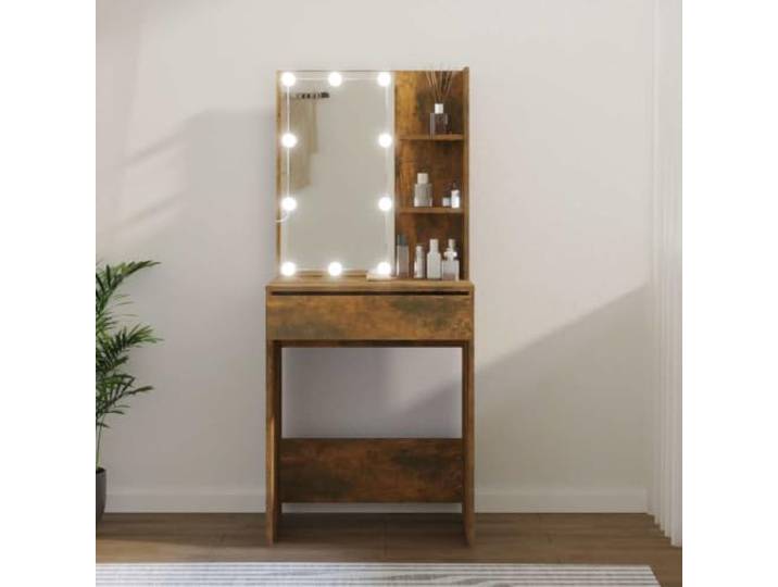 WXGTBKPR Schminktisch mit LED & Spiegel, Frisiertisch in Räuchereiche Integrierte USB-Beleuchtung, Stauraum mit Schublade, Modernes Design