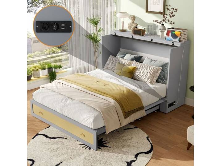 Lit Double Lit escamotable 140x200 avec tiroirs étagère prises USB et courant mobile convertible gris - Sans Matelas