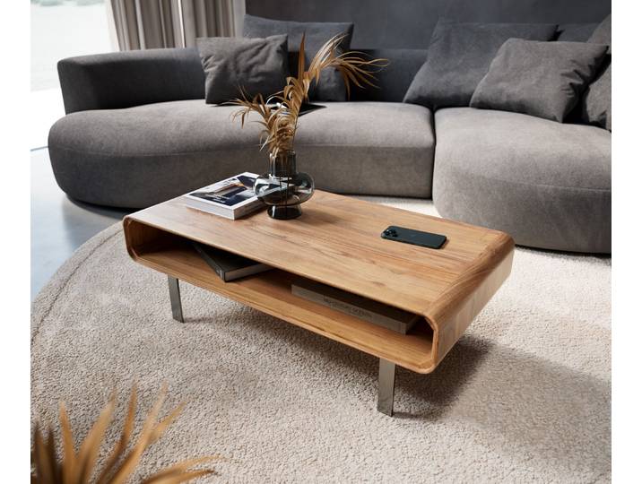 Couchtisch Anaya 100x50 cm Akazie Natur 1 Fach L-Fuß Edelstahl, Couchtische
