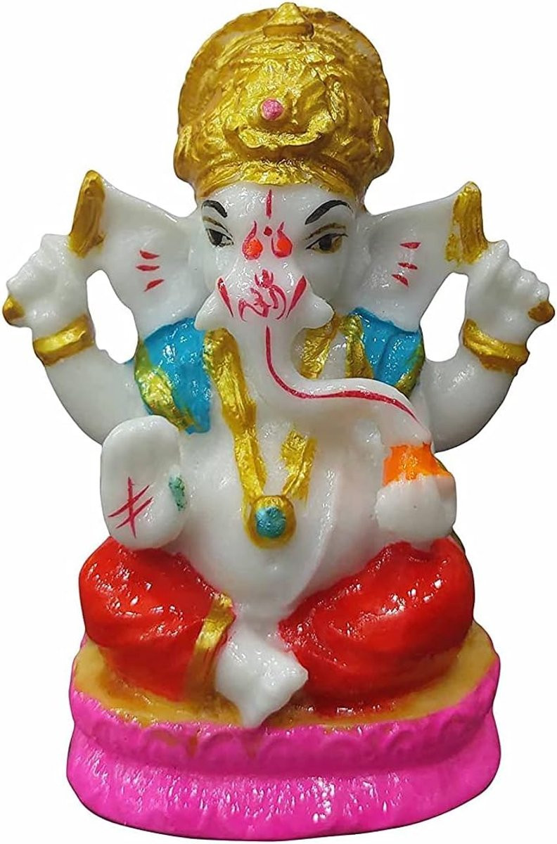 Ganesh Beeld - Ganesha Idool Zittend Op Lotus - Multicolor - Huisdecoratie